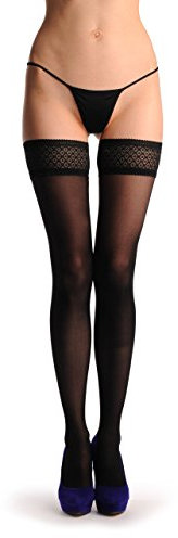 LissKiss Black With Black Checkered Silicon Lace - Schwarz Halterlose Strümpfe Einheitsgroesse (34-42)
