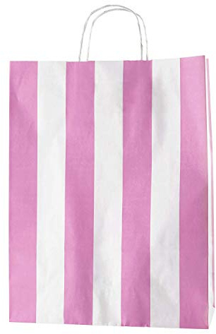 Thepaperbagstore 20 Pink & White Stripe Paper Bags with Handles 32x12x41cm | Strong recyclable kraft paper bags with sturdy handles, ideal for gifts, retail, parties and events.