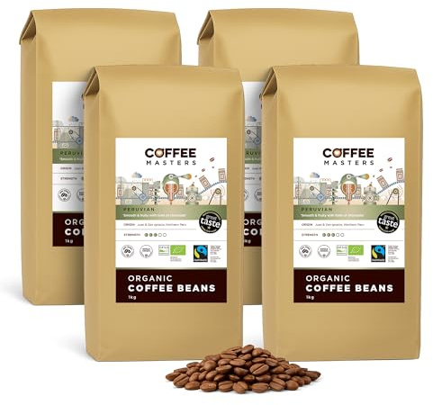 Coffee Masters Peruvian Coffee Beans 4x1kg - Organic Fairtrade Single Origin Arabica, Roasted in the UK - Ideal for Espresso Machines - Great Taste Award Winner