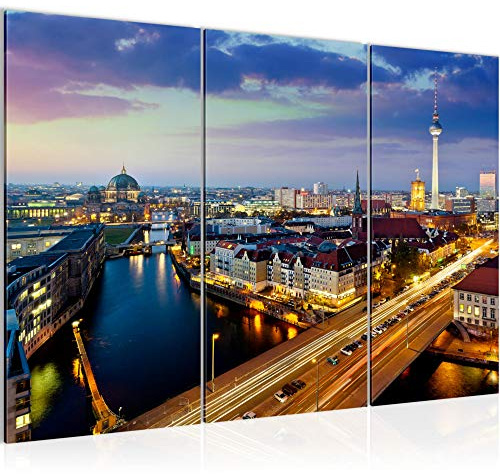 Runa Art Wandbilder Berlin Bild XXL Wohnzimmer Büro Blau Gold Skyline 120 x 80 cm 3 Teilig 605131a