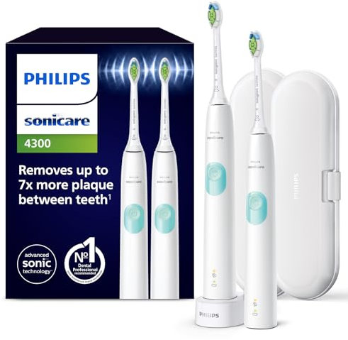 Philips Sonicare ProtectiveClean 4300 – Brosses à dents électriques avec deux niveaux d'intensité, Capteur de pression et Minuterie, Blanc, Lot de 2, modèle HX6807/35