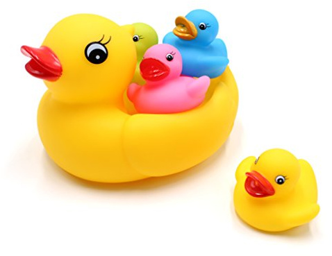 DOPHYRANIX Floating Rubber Duckies Bath Play 5 Pieces Set - Includes 1 Jumbo Mama Ducky and 4 Baby Ducks - Fun Water Tub Playing Kits(4 Colors)