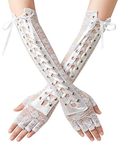 Coucoland Handschuhe Damen Lang mit Senkel Opera Fest Party Gotisch Handschuhe Damen Fasching Kostüm Accessoires (Weiß-1)