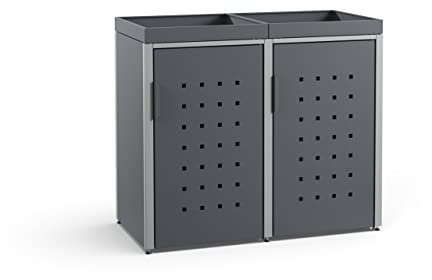 MEISTERBOX – 2er Mülltonnenbox Mülltonnenverkleidung mit Pflanzdach - 240L - Korpus & Dach Anthrazit/Pfosten Signalgrau