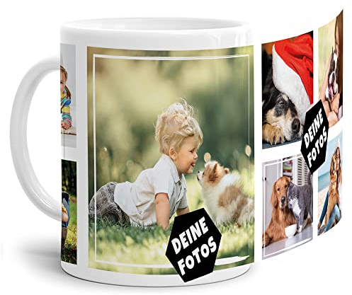 Foto-Tasse zum selbst gestalten mit Foto-Collage für 7 Wunschfotos - Geschenk für Familie, Freunde, Geburtstag, Weihnachten - Keramik Weiß, 300 ml I Personalisiert