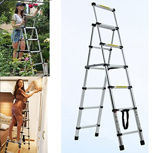 6+7 Tread Telescopic Folding Step Ladder, 1.7M-2M Aluminium Lightweight Folding Ladder A-Frame, Multi-Purpose Stepladder for Indoor Outdoor Use, 150KG Load Capacity, EN131