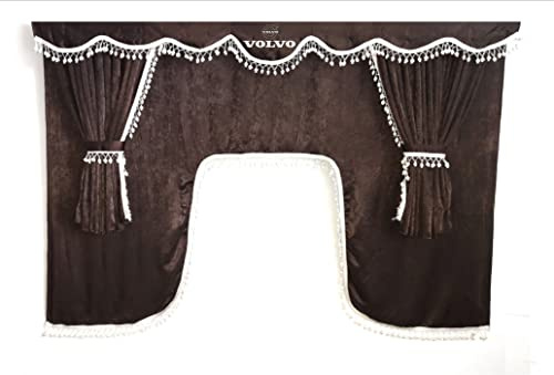 Ensemble complet de rideaux pour camion Volvo avec pompons blancs. Marron