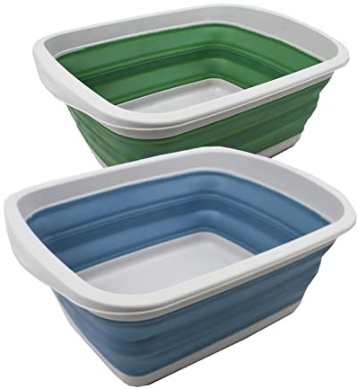 SAMMART 10L Faltbare Wanne – Faltbare Geschirrwanne – Tragbares Waschbecken – Platzsparende Kunststoff-Waschwanne (Stahlblau + Dunkelmeergrün)