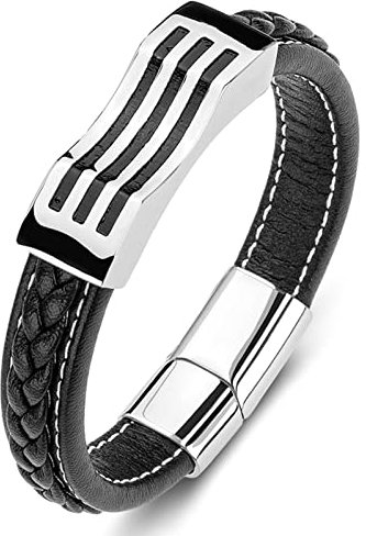 Dsnyu Armreifen für Männer, Schwarz Lederarmband Pärchen mit Magnet Verschluss, 16.5CM Streifen Partnerarmband Geflochten für Hochzeit
