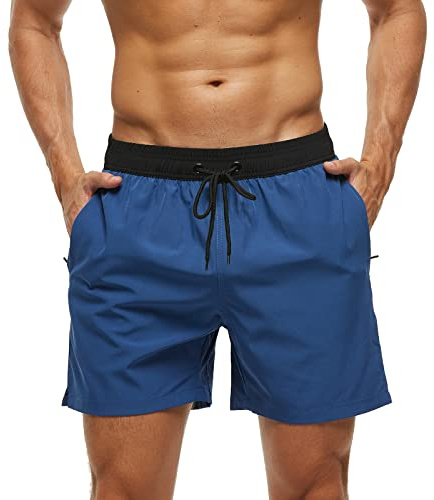 Baddräkter Herr Kort Snabba Torkshorts med Mesh Foder Sommar Baddräkter Simning Män Shorts för Strand Surf, A2 Svart + Marinblå, S