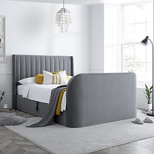 happybeds Luther Grey Velvet Ottoman TV Bed, 4ft6 Double, Modern Design | 4ft6 Double, Velvet Ottoman TV Bed, Gas-Lift Storage, Grey, Velvet Upholstery, TV Lift Mechanism, Remote Control