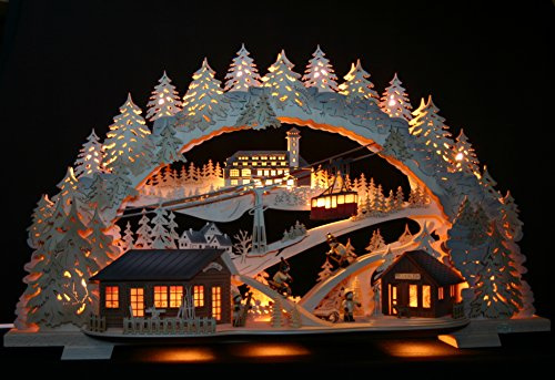Tietze Erzgebirgsdesign 3D Schwibbogen 72cm Wintersport in Oberwiesenthal mit Fichtelberg - Schwebebahn - Handarbeit aus dem Erzgebirge + BONUS - Aufsetzbäume inklusive! (exclusiv schattiert)