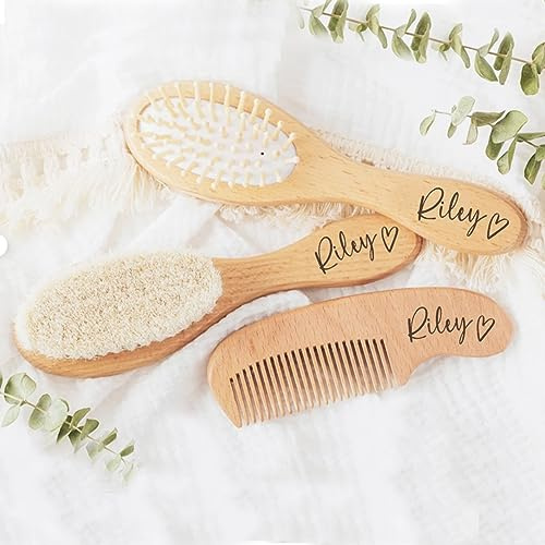 3-teiliges Baby-Bürste und Kamm-Set für Neugeborene, Babyhaarbürste, Holzkamm, Wiegenkappe, natürliche Ziegenborsten, für Neugeborene und Kleinkinder, perfekt für Babypartys und Registry