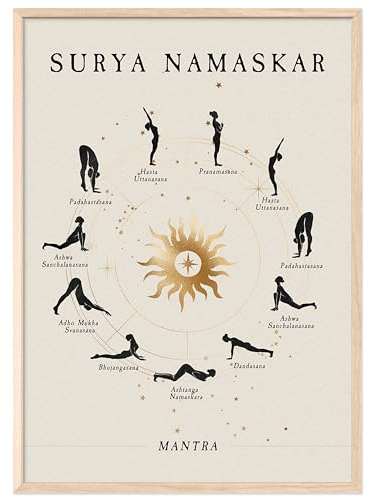 JUNOMI® Sonnengruß Poster DIN A2 Rahmen Natur | Yoga Sonnengruß | Boho Wanddeko fürs Yogastudio und Schlafzimmer, der vollständige Ablauf im Kreis um eine goldene Sonne