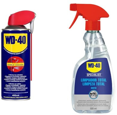 WD-40 Producto Multi-Uso- Spray 400ml-Lubrica, Afloja, Protege del óxido, Dieléctrico, Limpia metales y plásticos y Desplaza la humedad & 34241 Limpiador Total para Moto, Color Transparente, 500 ml