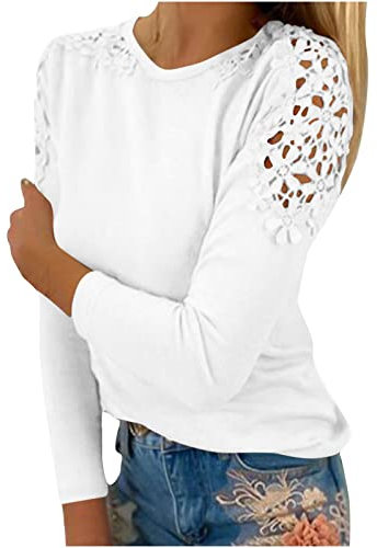 Women's Long Sleeve Tops Sales Clearance Spring Casual Sweatshirt for Women UK Crewneck Dressy Tunic Tops Lace Blouse Basic Pullover for Ladies Work Officce Sports White