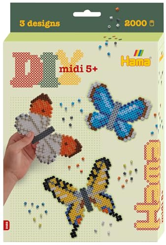 Hama Perlen 3452 - Starter-Set Schmetterlinge mit ca. 2000 bunten Midi Bügelperlen mit Durchmesser 5 mm, Motivvorlage und Stiftplatte, inkl. Bügelpapier, kreativer Bastelspaß für Groß und Klein