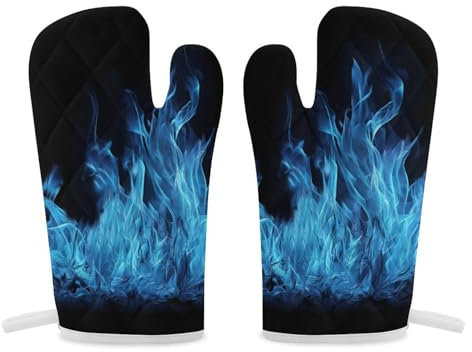 Thermal Gloves, Blue Flame Print Heat Resistant Gloves Oven Mitts Kitchen Gloves Cooking Gloves Microwave Gloves