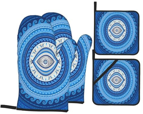 4 Pezzi Presine E Guanti Da Barbecue Blue Greek Matiasma Evil Eye Mandala Guanti Da Forno Divertenti Guanti Da Cucina Antiscivolo Guanti Termoisolanti Per Grill, Cucina, Bbq