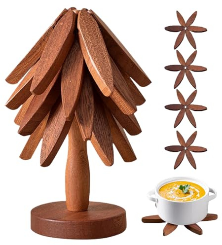 ROXANEPIG Wooden Trivets for Hot Dishes,Tree Shape Trivet Set, 4 Wooden Trivets+1 Stand, Natural Foldable Kitchen Wooden Trivet for Hot Dishes, Pot, Bowl, Teapot, Hot Pot Holders (Black Walnut)