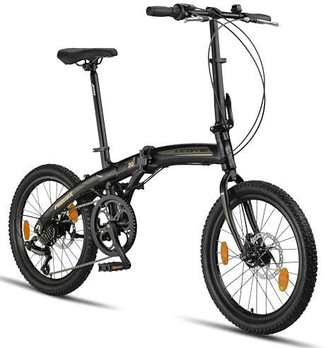 Licorne Bike Phoenix 2D Cross 20 Zoll Aluminium Faltrad Klapprad Scheibenbremse Discbremse Faltfahrrad Herren Damen 7 Gang Kettenschaltung Folding City Bike Alu-Rahmen (Spoke Wheels, Schwarz/Gold)