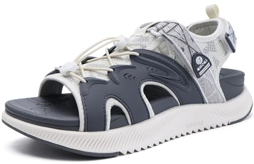 ONCAI Sandalias Mujer Caminar, 2025 Arco Soporte Sandals de Senderismo para Fascitis plantar,Antideslizante Sandalias de Deportivas Plataforma con Cordones Ajustables Gris/Blanco Talla 37