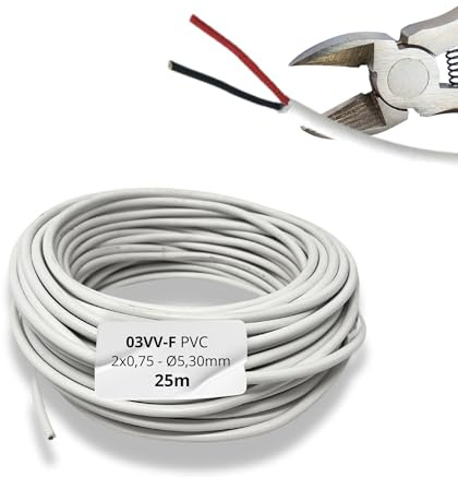 Câble rond HALOTEC en PVC 2 x 0,75 mm², blanc, intérieur, ROUGE-NOIR, 25 mètres | Type 03VV-F | Câble duplex flexible en cuivre | Cordon électrique rond pour éclairage LED