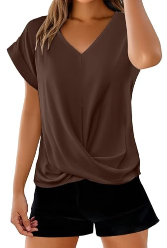 Cocila T Shirts con Scollo A V Tinta Unita Elegante Tops Maniche Corte per Abbigliamento Femminile Primaverile Ed Estivo Camicia Pizzo Elegante Camicia Donna Firmata Donna Blu Scuro Viscosa Blusa