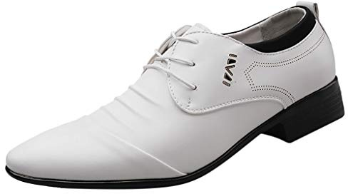 Zapatilla Hombre Invierno Con Tacón Zapatos Traje Calzado Casual Hombre Boda Encaje Cuero Hombres Cómodo Negocios Zapatos de Cuero para Taloneta Creciendo 4 Cm, blanco, 41 EU