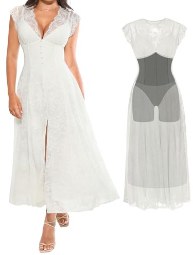 Popilush Wedding Dresses for Bride Lace Sleeveless V Neck Maxi Shapewear Dress Evening Split Beach Bride Dresses White