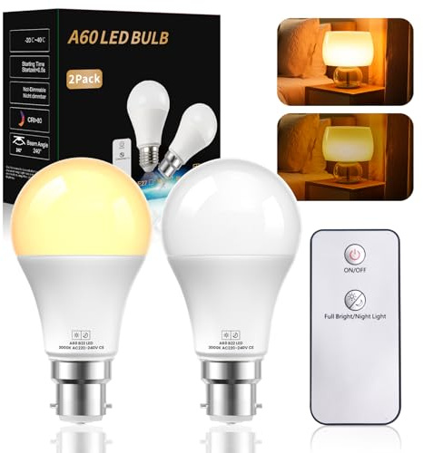Lustaled B22 Bayonet Light Bulb with Remote Control, 3000K Warm White, 2 Light Mode, 9W B22 LED Bulb All-On 600LM, 1W Night Light Bulb 60lm, A60 Energy Saving Light Bulbs Non-Dimmable - 2Pack