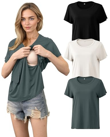 SUNNYBUY Magliette per allattamento set da 3 pezzi – Maglietta per allattamento a maniche corte per donna – Comoda moda premaman per gravidanza e allattamento, M