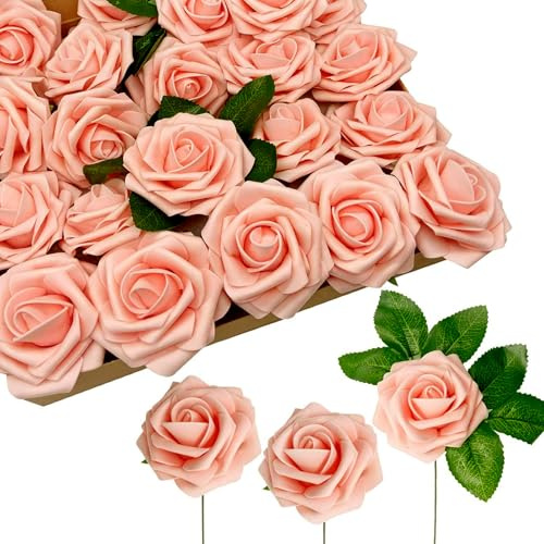 RCZ Décor Artificial Peach Pink Foam Roses with Stems & Leaves - Pack of 50, Perfect for Wedding Centerpieces, Event Decor, DIY Bouquets, and More