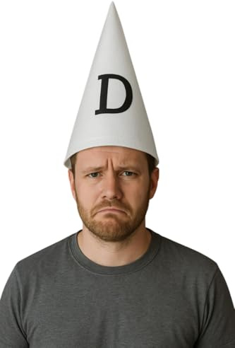 labreeze Mens Dunce Hat – Adult Cone Hat with DUNCE Print – Funny Fancy Dress Headwear for Retro School Costume, Book Day, Teacher Outfit, Comedy Skits and Parties