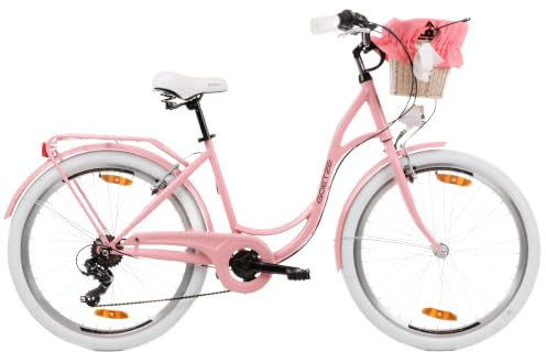 Goetze Mood 26 Zoll Damenfahrrad, Retro City Bike, 6-Gang mit Korb | Tiefeinsteiger mit Korb, LED-Licht und Shimano Tourney Schaltung für Alltag, Stadt und Freizeit