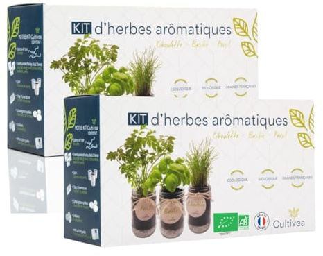 CULTIVEA® 2 x Kit Prêt à Pousser d’Herbes Aromatiques – Graines 100% Bio – Made In France - Jardin potager d’intérieur – Plante (Basilic, Persil et Ciboulette) - Idée Cadeau