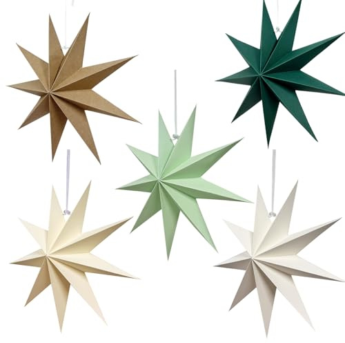 Konoz Papiersterne Weihnachten 5 Stück Faltsterne Neuneck, Papiersterne zum Zufhängen, Weihnachtsdeko, Weihnachtsstern Papier Stern Dekoration (Grün&Beige&Weiß&Khaki)