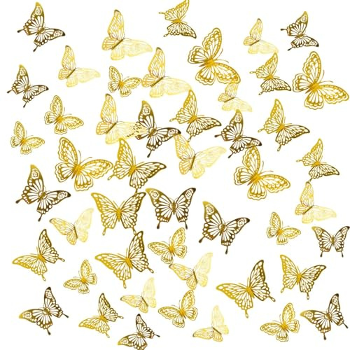 Issimober Lot de 48 autocollants muraux 3D - Décoration papillon doré métallique - 4 styles - 3 tailles - Papillon doré - Décoration pour anniversaire, fête, mariage