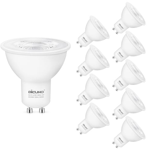 DiCUNO Bombillas LED GU10, 4.5W Equivalentes a 40W Halógenas, Blanco cálido 3000K, 380 Lúmenes, 230V GU10 LED Spot, 38° Ángulo de Haz, Sin Parpadeo, Lámpara Reflectora No Regulable, 10 Piezas