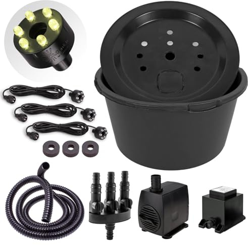 CLGarden Springbrunnenpumpen Set mit 90L Wasserbecken und 1300 l/h Pumpe, 3X LED Beleuchtung warmweiß für DIY Gartenbrunnen Quellstein Bachlauf
