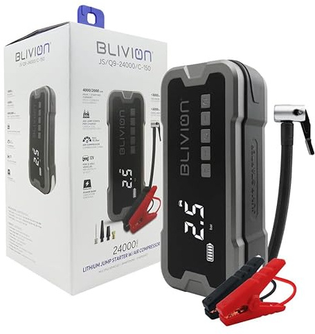 BLIVION Avviatore con Batteria al Litio e Compressore d'Aria, 12V, 24000mAh, 4000A Picco, 2000A Corrente di Avviamento