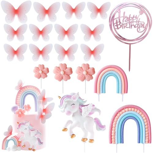 Vkwcck Decorazioni Torta Unicorno 19 Pezzi | Torta Unicorno 3D con Arcobaleni Fiori Farfalle e Topper Cuore Doppio Cerchio, Decorazioni Torta Compleanno Unicorno