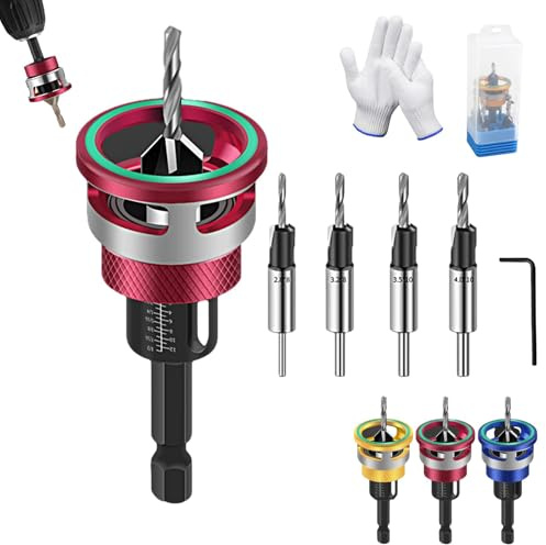 Avellanador de dos filos con tope de profundidad ajustable, juego de 4 brocas cónicas de cuatro filos, juego de brocas avellanadoras para carpintería, ebanistería (Red)