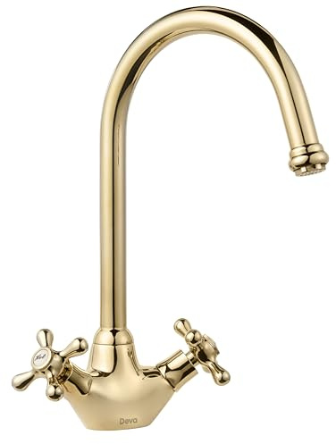 Deva Venetian Mono Kitchen Sink Mixer Tap with Gold Finish 360° Swan Swivel Spout - Easy Use Hot & Cold Brass Dual Flow Cross Handles - for Dual Single Basin - 12 Year Warranty