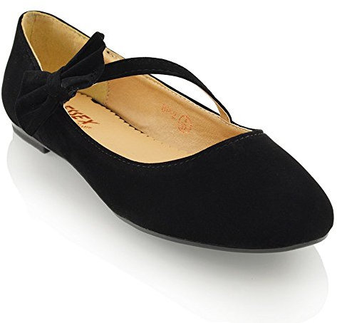 ESSEX GLAM Womens Flat Bridal Shoes Ballet Ladies Slip On Ballerina Dolly Bow Glitter Bridesmaid Pumps Size 3-9 Black Faux Suede