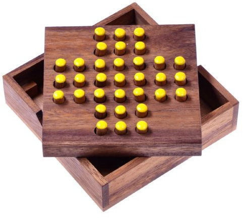 LOGOPLAY Solitär Gr. S - Solitaire - Steckspiel - Denkspiel - Knobelspiel - Geduldspiel - Logikspiel aus Holz - gelbe Stecker