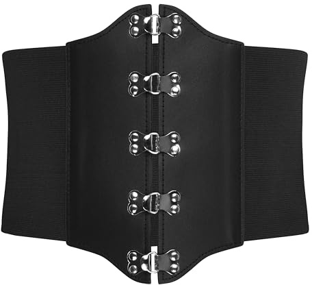 BlackButterfly Ceinture Corset Femme Gothique Synthétique Large | 20 cm de haut, 5 agrafes ornées à clous, Serre-taille, Silhouette sablier, Élastique, Tailles S-XL