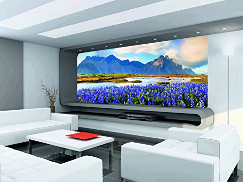 Fotomurales Vinilo pared Paisaje Flores Lago Montañas | Varias Medidas | Adhesivo Incluido | Decoración Habitación, Salon, Oficina, Negocio | Motivos Paisajisticos