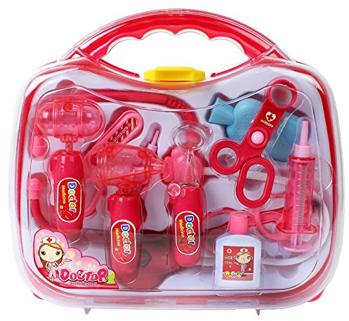 TE-Trend Arztkoffer für Kinder Doktorkoffer transparent 11-teilig zum Spielen gefüllt mit LED Lupe Stethoskop