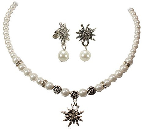 Schmuckset Trachtenkette & Edelweiß-Ohrstecker mit Perle - Damen Trachtenset Perlenkette & Trachtenohrringe, Dirndlkette Strass-Edelweiss für Trachtenbluse, Oktoberfest Dirndl-Schmuck (creme-weiß)